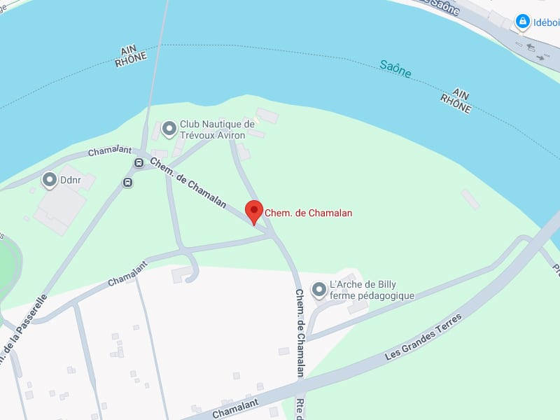 Carte Chem. de Chamalan : Trévoux, Rhône et Saône Carte localisant le Chem. de Chamalan près du Rhône et de la Saône, mentionnant le Club Nautique de Trévoux Aviron et L'Arche de Billy.