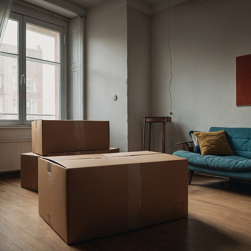 Gros cartons de déménagement marron au premier plan dans un salon ancien, près d'une fenêtre, avec un canapé bleu et un coussin jaune.