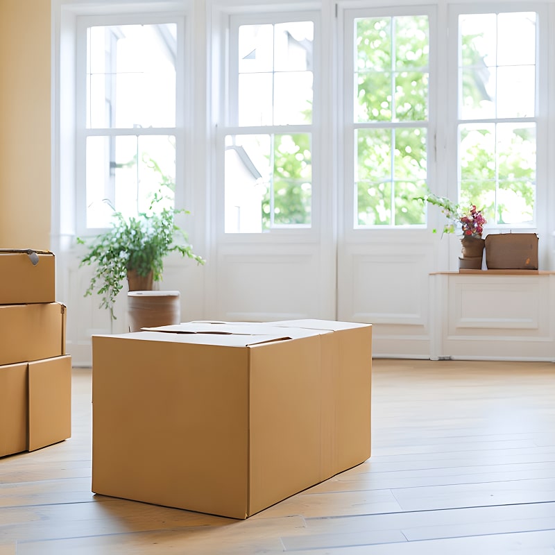 Gros plan sur des cartons de déménagement bruns sur un plancher en bois clair devant de grandes fenêtres blanches lumineuses, plantes vertes visibles.